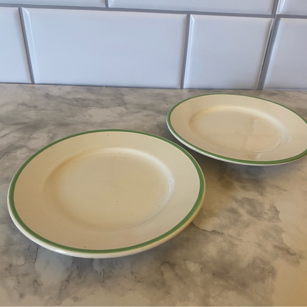 Vintage Cream Plate with Green Rim - Set of Two